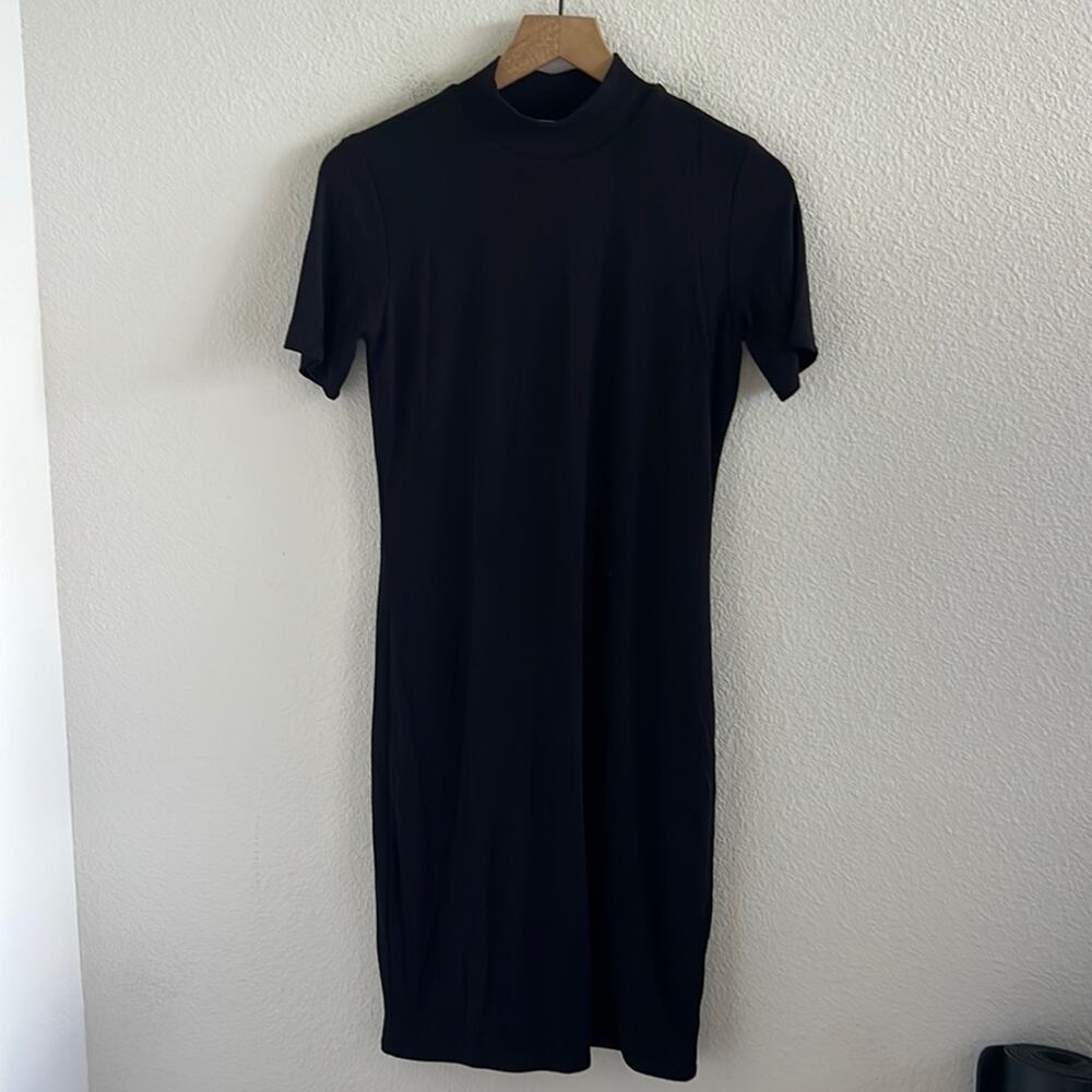 Magaschoni Black High Neck Midi Dress Ribbed Neutral Double Layered Stretchy S